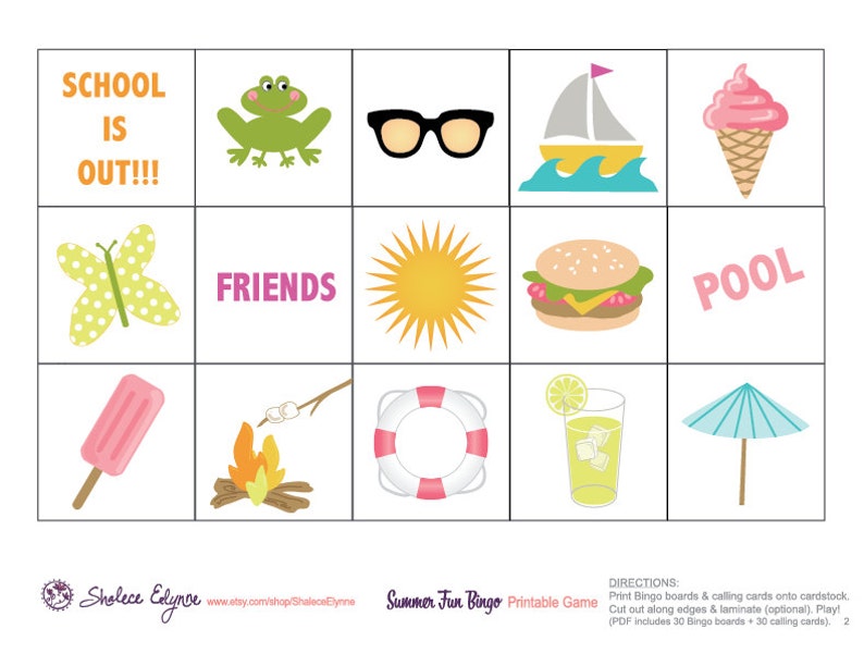 Summer Fun BINGO Printable Game, Instant Download image 3