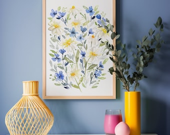 Printable floral wall art watercolor blue yellow decor diy printable watercolor art