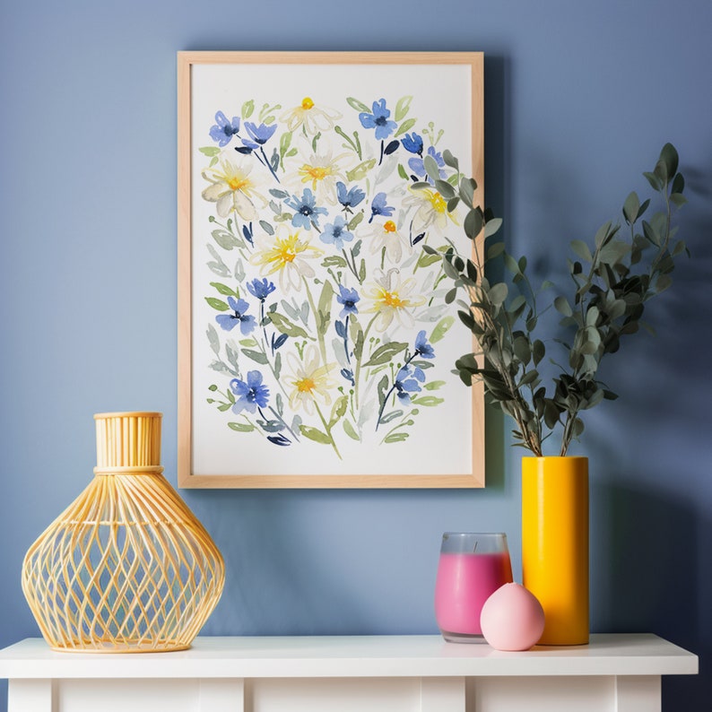 Printable floral wall art watercolor blue yellow decor diy printable watercolor art image 1