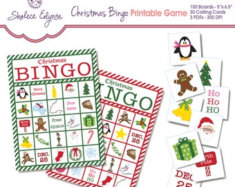 May include: A printable Christmas bingo game with 100 boards, 30 calling cards, and 3 PDFs. The game features a green and red color scheme with images of Christmas icons like Santa, reindeer, and a Christmas tree.