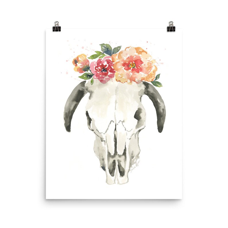 Watercolor Cow Skull and Flowers - Etsy