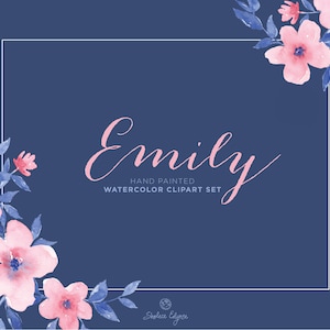 Watercolor Floral Clip Art Emily Pink and Navy Blue image 1