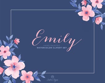 Watercolor Floral Clip Art - Emily - Pink and Navy Blue