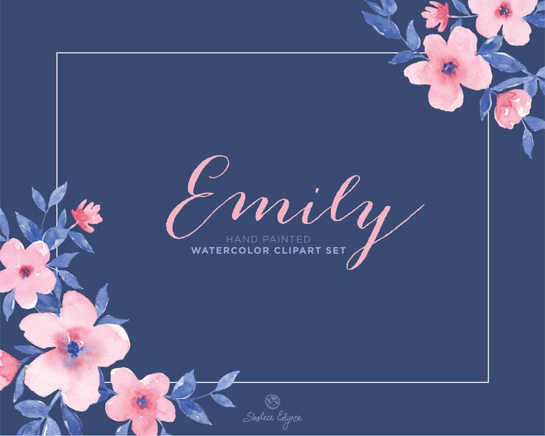 Watercolor Floral Clip Art Emily Pink and Navy Blue image 1