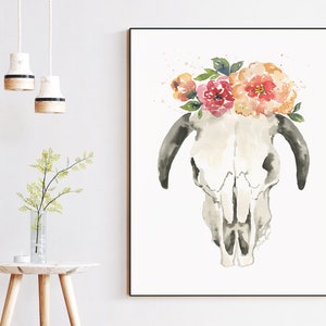Watercolor Cow Skull and Flowers