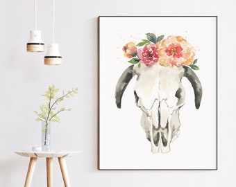 Watercolor Cow Skull and Flowers