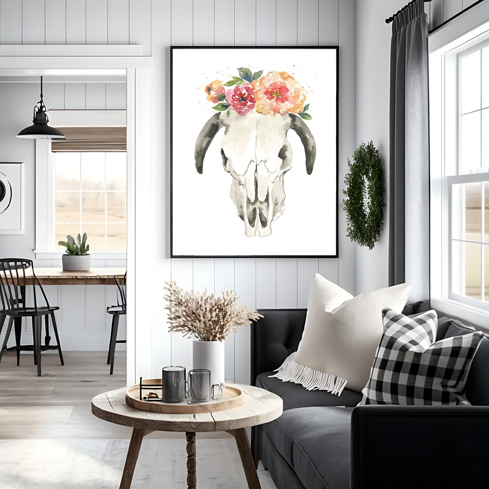Watercolor Cow Skull and Flowers - Etsy