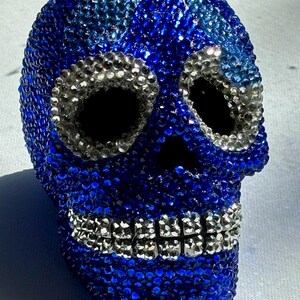 May include: A decorative skull covered in blue and silver rhinestones. The skull has black eye sockets and a silver rhinestone row for the teeth. The top of the skull is a lighter shade of blue.