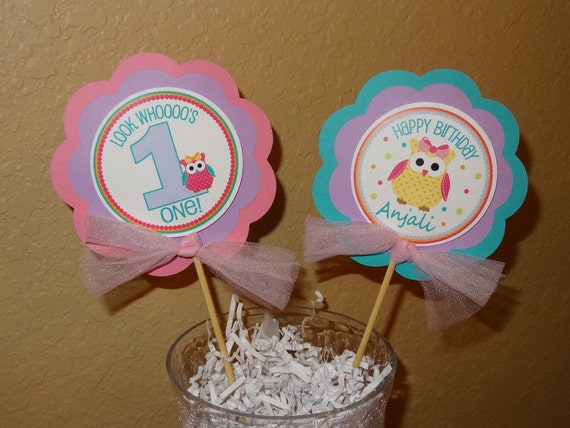 Hip Birthday Owl with Bow - Centerpiece Stick / Smash Cake Topper Il_570xn
