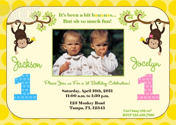 New Joint Monkey Birthday Party Photo Invitations Perfect for Twins or Joint Parties Il_570xn