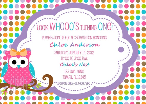 NEW- Hip Birthday Owl with Bow- Custom Invitation Il_570xn
