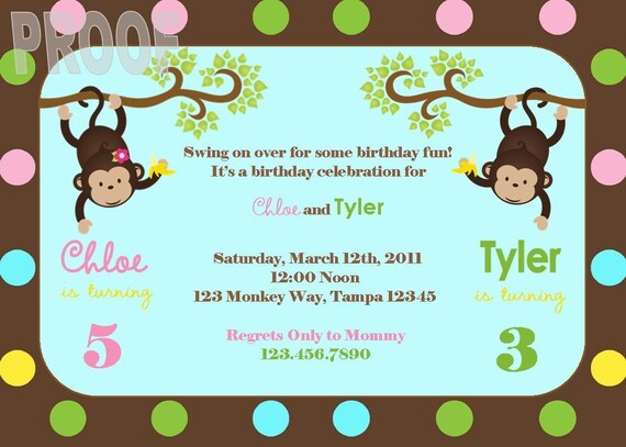 NEW Monkey Joint Birthday Party Custom Invitation Perfect for twins or joint parties Il_570xn