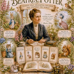 Peut inclure: Une affiche vintage illustrant les histoires de Beatrix Potter. L'affiche présente des images de Pierre Lapin, Jemima Canardeau et Noisette l'Écureuil, entourées de motifs floraux et de papillons. Le texte indique "Les Contes intemporels de Beatrix Potter."