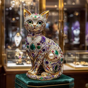 May include: A bejeweled cat ornament with gold detailing, green eyes, and a pearl. The cat is decorated with colourful gemstones and sits on a green velvet box. The ornament is displayed in a jewellery shop setting.