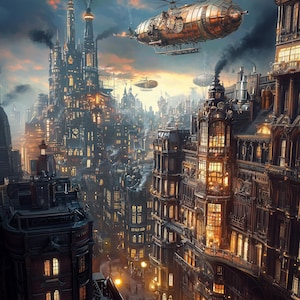 Stampa artistica di paesaggio urbano steampunk: fantascienza vittoriana (download digitale)