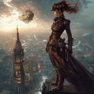 Stampa artistica di donna guerriera steampunk: paesaggio urbano vittoriano (download digitale)