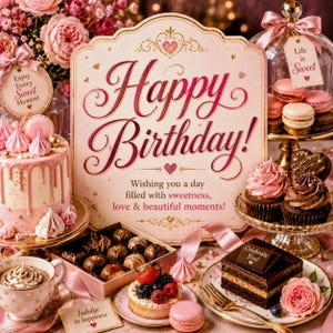 Op de afbeelding: Een feestelijke opstelling met een verjaardagstaart, cupcakes, macarons en chocolaatjes. Het middelpunt is een bord met "Happy Birthday!" in sierlijke letters. De scène is versierd met roze rozen en linten, wat een feestelijke sfeer creëert.
