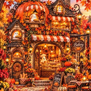 Puede incluir: Una panadería caprichosa con forma de calabaza gigante, adornada con hojas de otoño. La estructura presenta figuras de fantasmas, toldos a rayas y un letrero que dice Bakery. La escena incluye calabazas, flores y una pizarra.