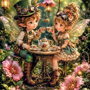 May include: Two fairy figures with pointed ears and translucent wings sit at a small round table, drinking from floral teacups. They wear green and cream outfits with goggles and hats. A floral teapot sits on the table amidst large pink flowers.