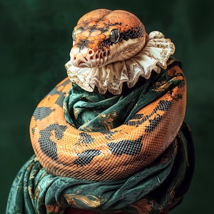 Peut inclure: Un serpent orange et noir portant un col blanc à volants avec des bordures dorées et drapé dans un tissu vert sarcelle. Le serpent est enroulé autour d'une base couleur terre cuite sur un fond vert foncé.
