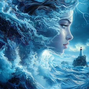 Può includere: Opera d'arte digitale di un profilo femminile che emerge dalle onde dell'oceano, con i suoi capelli che scorrono come acqua. L'immagine è prevalentemente blu, con un faro sullo sfondo e fulmini nel cielo. L'opera evoca un senso di potere e il mare.