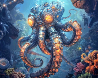 Steampunk Octopus Artwork: Digital Download, Printable Art for Crafting, Wall Art