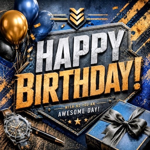Op de afbeelding: Digitale afbeelding met de woorden "HAPPY BIRTHDAY!" in zilver en goud, met de zin "WISHING YOU AN AWESOME DAY!". De afbeelding bevat ballonnen, een horloge, een pen en een ingepakt cadeau.