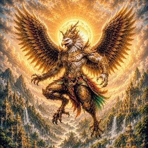May include: A digital painting depicting a mythical creature with a bird's head and human body, wearing gold armour and large golden wings. The creature is set against a backdrop of a radiant sun and a landscape of mountains and castles.