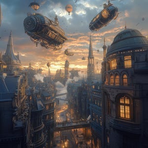 Stampa artistica di paesaggio urbano steampunk: fantascienza vittoriana (download digitale)