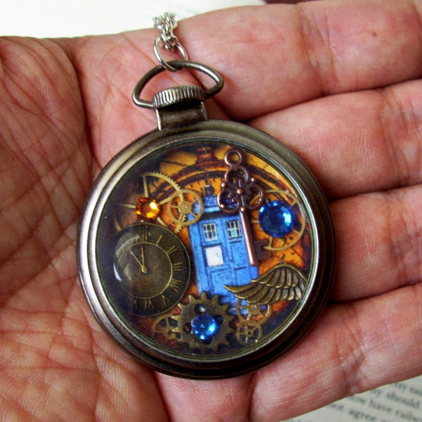 TARDIS Art Faux Pocket Watch Piece (N201) - Steampunk - Doctor Who - Clockface and Gears - Swarovski Crystals - Case with Chain