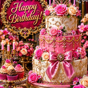 May include: A three-tiered cake decorated with pink and white roses, gold filigree, and a large pink satin bow. The cake is topped with a gold crown and pink candles. A gold sign with the text Happy Birthday is displayed above the cake.