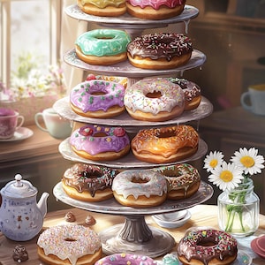 Cottage Tea Party Print: Tiered Desserts, Doughnuts (Digital Download)