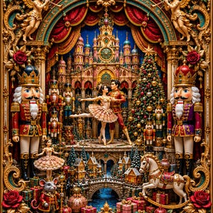 Puede incluir: Una escena decorativa detallada que muestra a una bailarina y su pareja bailando frente a un castillo, flanqueados por dos cascanueces grandes, soldados de juguete, un árbol de Navidad, un caballo balancín, una figura de ratón y un marco dorado con rosas.