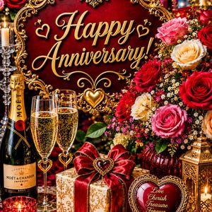 May include: A decorative sign with gold filigree reads Happy Anniversary above a bouquet of red and pink roses, a bottle of Moët & Chandon champagne, two flutes, a gift box with a red bow, and a heart-shaped plaque with the text Love Cherish Treasure Forever.