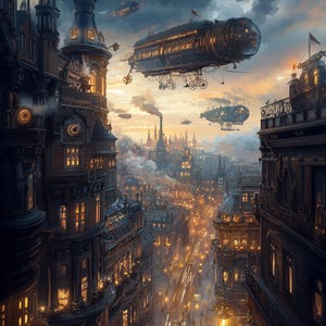 Stampa artistica di paesaggio urbano steampunk: fantascienza vittoriana (download digitale)