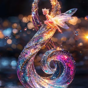 Könnte beinhalten: Eine funkelnde Skulptur einer Fee, die auf einer wirbelnden, kristallinen Struktur sitzt. Die Skulptur zeigt eine Farbpalette aus schillernden Blau-, Lila- und Goldtönen, mit einer Fee, die eine Krone und Flügel trägt. Der Hintergrund ist mit Bokeh-Lichtern verschwommen.