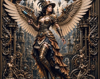 Illustrazione a tema guerriera alata steampunk: download digitale, stampabile per lavori creativi.