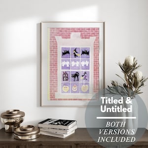 May include: A framed Halloween-themed art print featuring a window design with various spooky illustrations. The artwork includes bats, a witch, ghosts, a haunted house, a black cat, and jack-o'-lanterns. The print is set against a brick wall background.