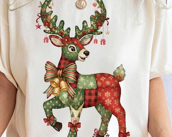 クリスマスパッチワークのトナカイPNG、プレッピーガーリークリスマスデザイン、フェイク刺繍と花柄のデジタルダウンロード