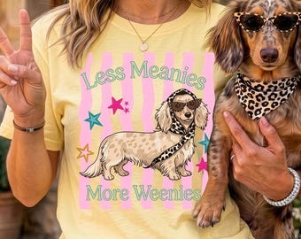 Less Meanies More Weenies PNG, Funny Dachshund Dog Mom Sublimation, Cute Wiener Dog Coquette Bow Shirt PNG, Trendy Pink Striped Dog Lover