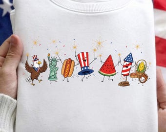 4th of July Patriotic Doodle PNG, Watermelon Hotdog Firework Bald Eagle Statue of Liberty Apple Pie PNG, Retro Americana Shirt,Sumer BBQ Png