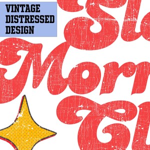 Aesthetic Slow Mornings Club quote with yellow flower and stars, retro hippie style PNG for sublimation, ideal for cozy Sunday morning vibes.