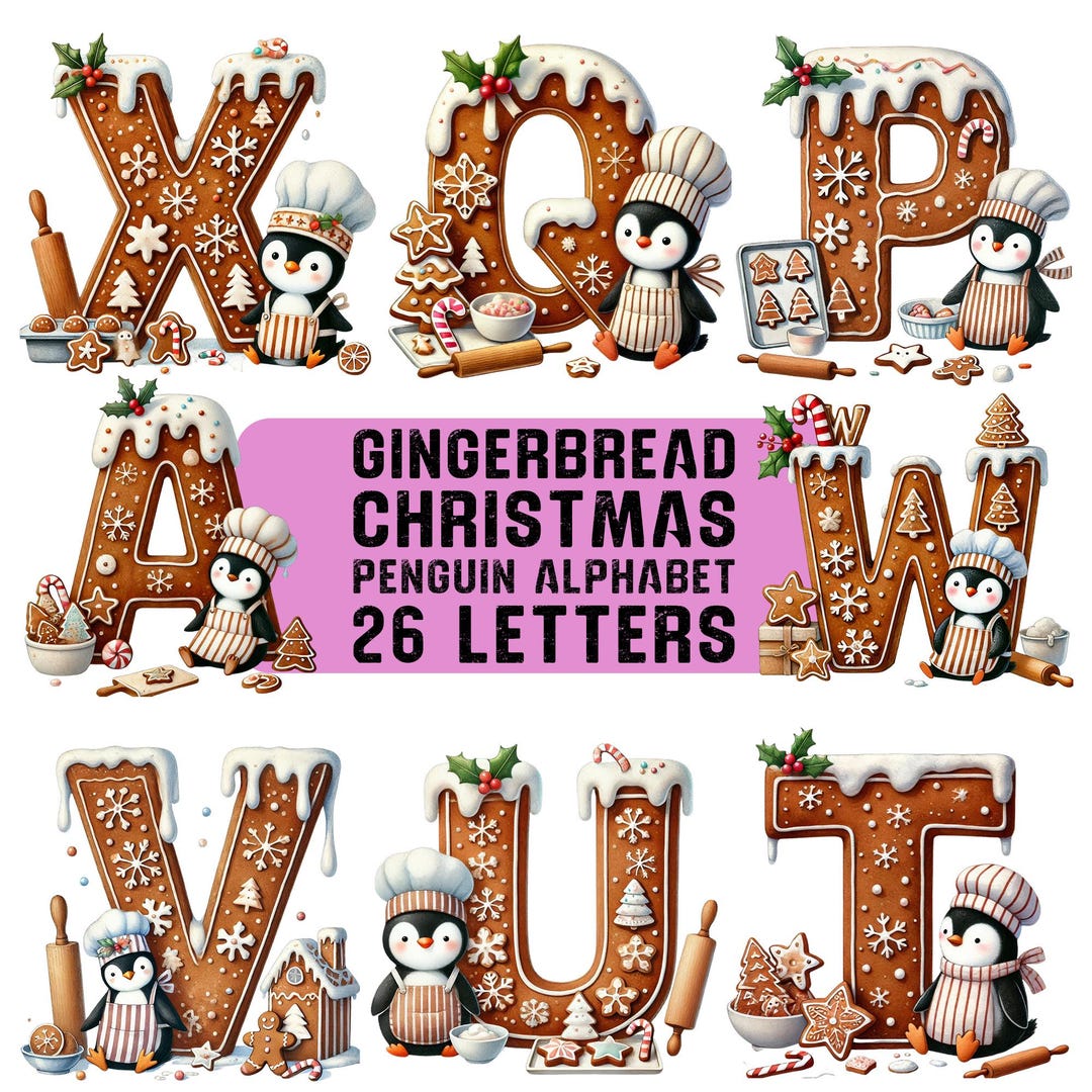 Gingerbread Alphabet Clipart A to Z PNG, Christmas Penguin Letters PNG ...