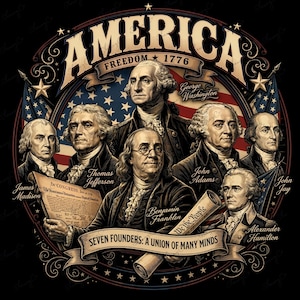 May include: A patriotic design featuring portraits of seven American Founding Fathers, including George Washington and Benjamin Franklin, against a backdrop of the American flag. The word "AMERICA" is prominently displayed, along with the text "FREEDOM 1776".