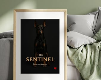 Doberman Pinscher Wall Art, Black and Gold Dog Portrait, The Sentinel (Digital Download)