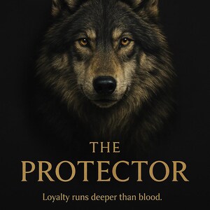 May include: A digital art print featuring a detailed portrait of a wolf with brown and black fur, set against a black background. The text "THE PROTECTOR" is displayed in gold, with the phrase "Loyalty runs deeper than blood."