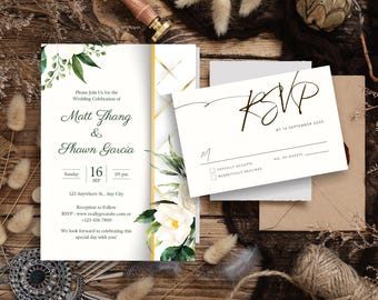 Green & White Floral Wedding Invitation Bundle | Elegant Botanical Wedding Suite Template | Printable