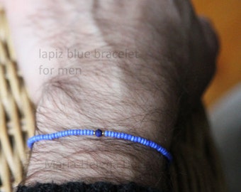 lapiz blue bracelet for men - mens small bead bracelet with vintage blues and lapis lazuli - Maria Helena Design