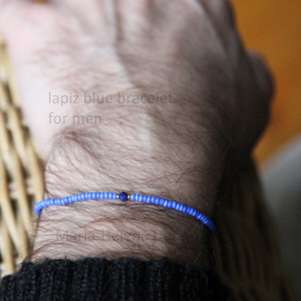 lapiz blue bracelet for men - mens small bead bracelet with vintage blues and lapis lazuli - Maria Helena Design