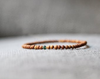 emerald sand bracelet for men - mens small bead sandalwood emerald bracelet - men wood bead bracelet with green emerald and goldplated beads